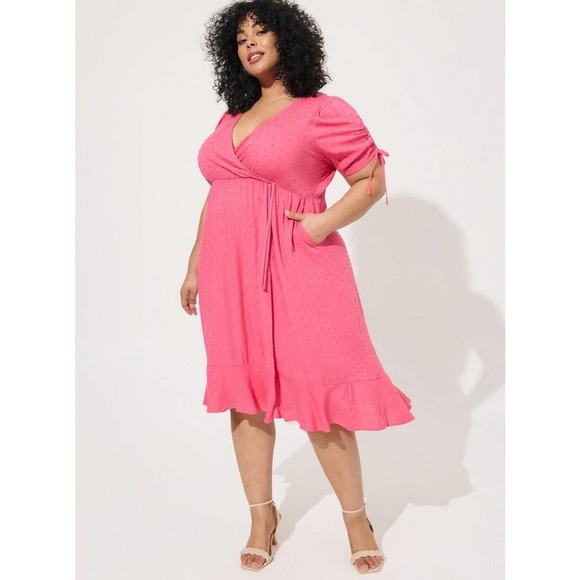 Torrid Dress Womens 2X Pink Midi Swiss Pockets Barbiecore Ruffle V Neck Flowy 1 - Picture 5 of 9